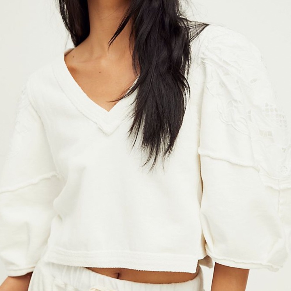 FREE PEOPLE ALYSSA ROSE COTTON PULLOVER CROPPED WITH LACE DETAILING SIZE SMALL
